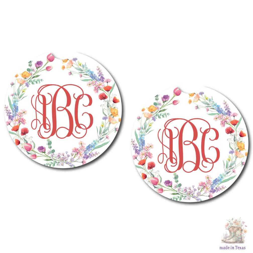 Monogram Wreath Car Coasters | Set of Two | 4 Designs