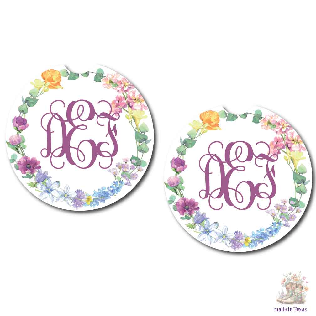Monogram Wreath Car Coasters | Set of Two | 4 Designs