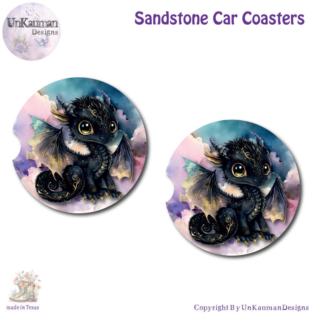Black Baby Dragon Car Cup Coasters | Set of Two and/or Matching Key Ring