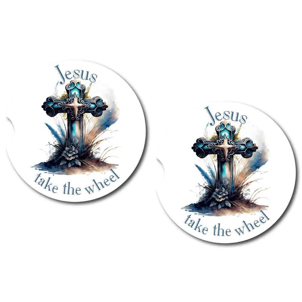 Jesus Take the Wheel Cross Car Coasters | Set of Two and/or Matching Key Ring