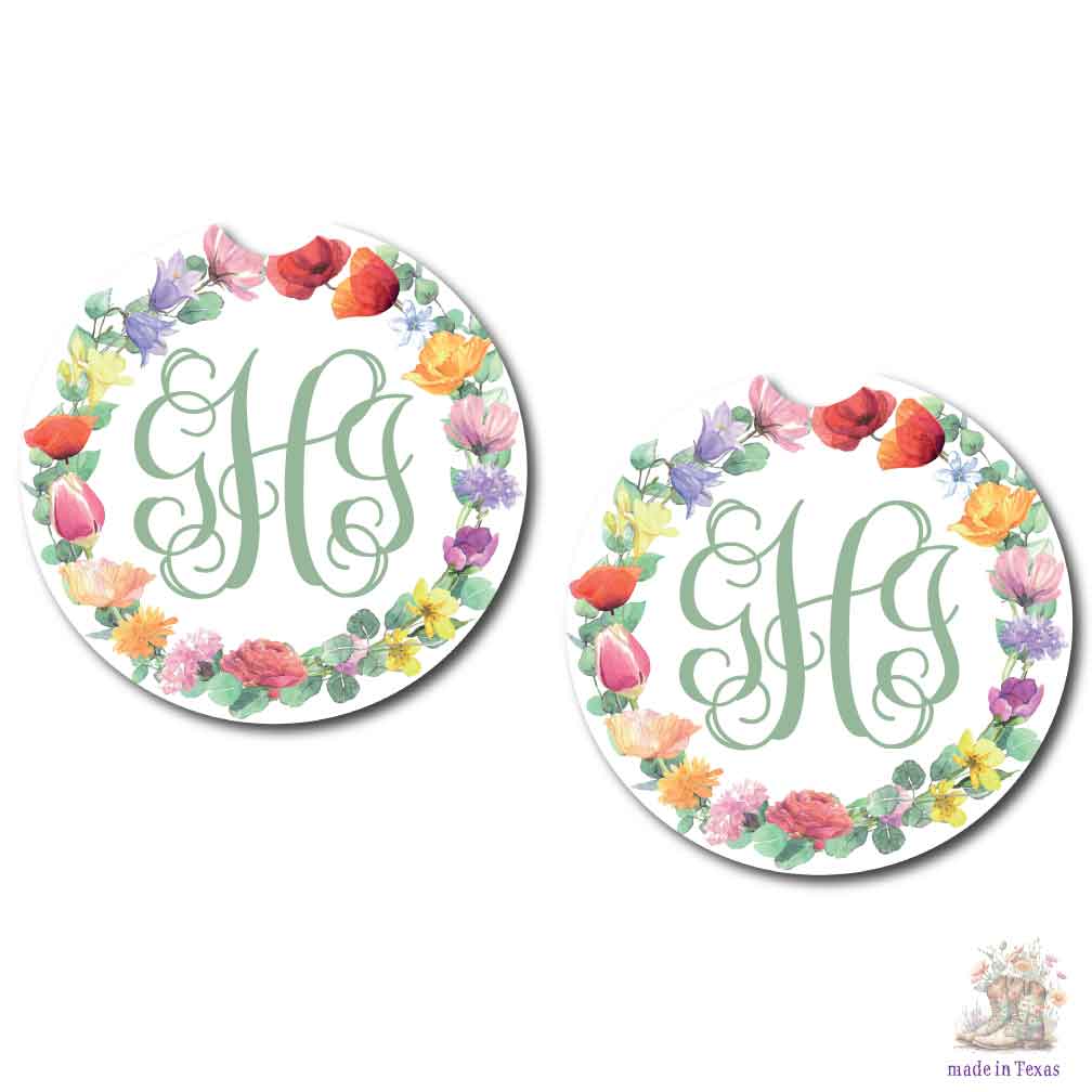 Monogram Wreath Car Coasters | Set of Two | 4 Designs