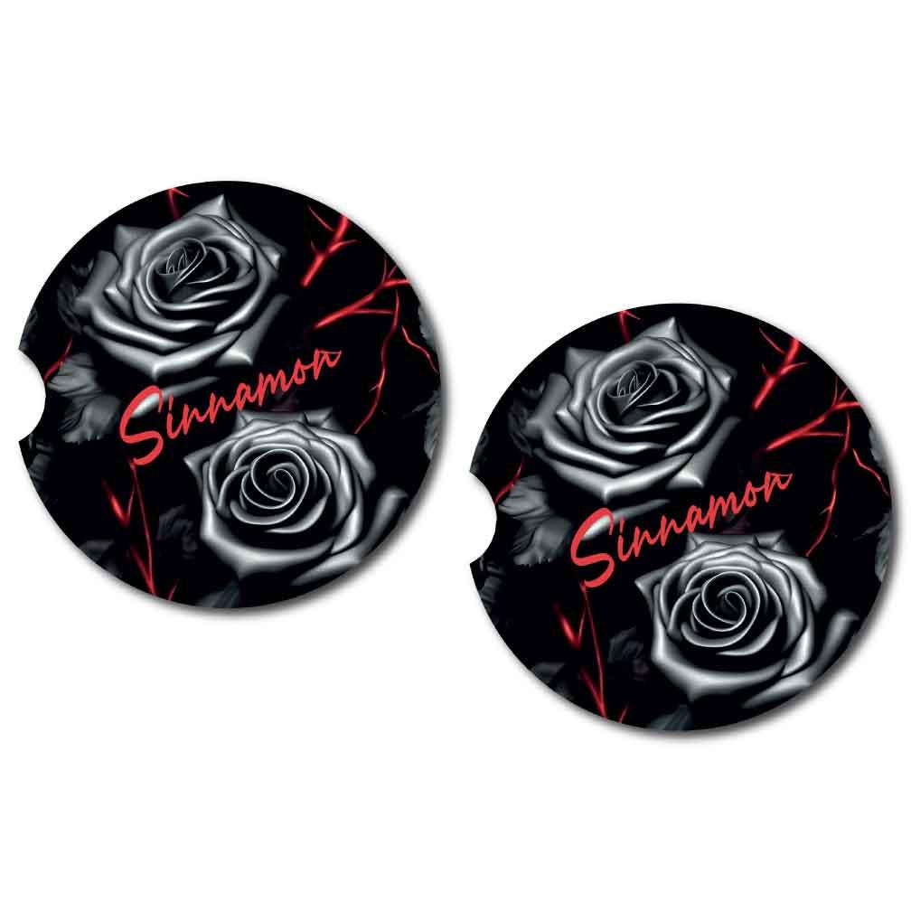 Black Rose Car Cup Coasters | Set Two and/or Matching Key Chain