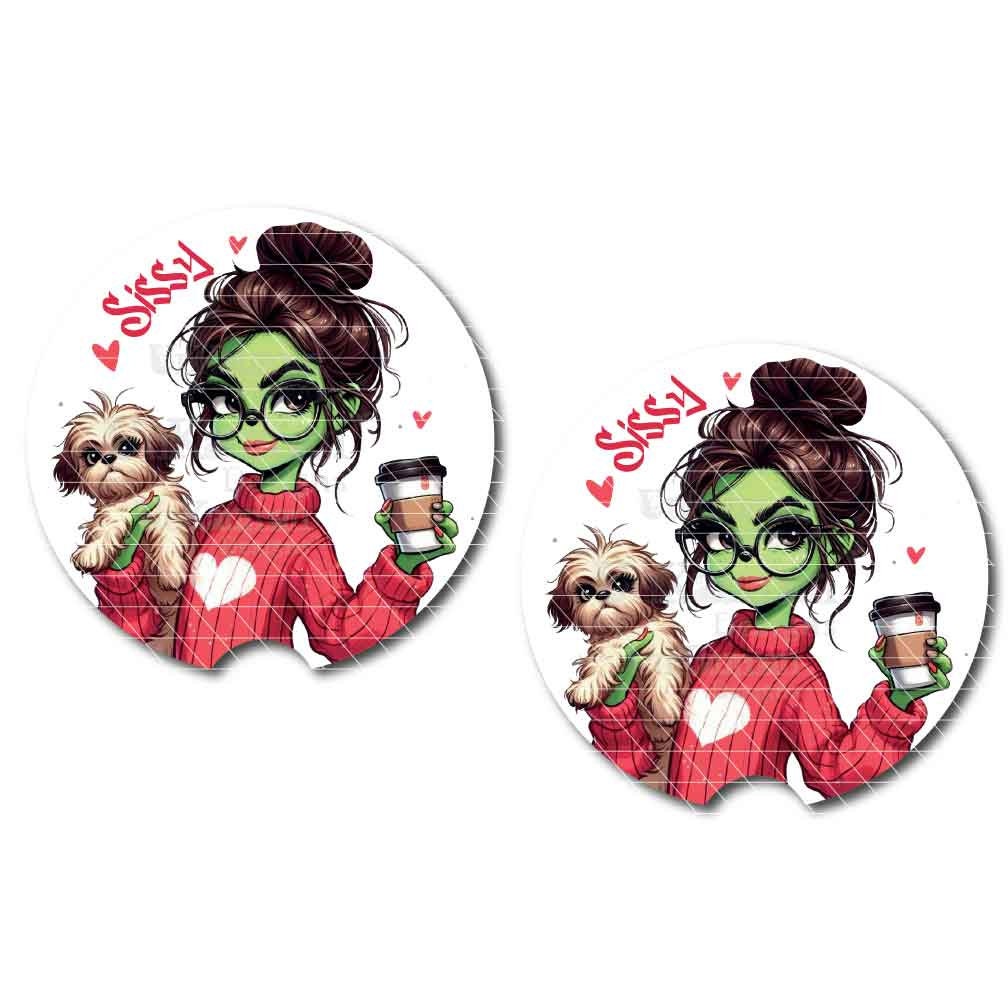 Green Girl with Coffee & Puppy Car Cup Coasters w/Optional Personalization | Set of Two