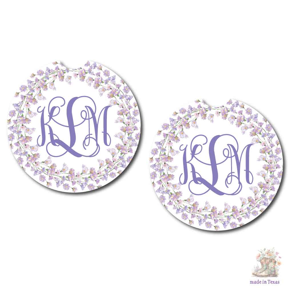 Monogram Wreath Car Coasters | Set of Two | 4 Designs