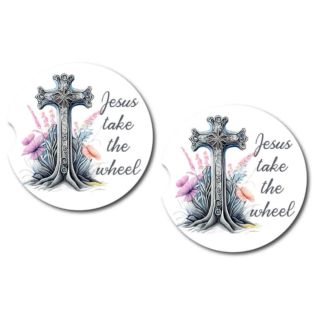 Jesus Take the Wheel Cross Car Coasters | Set of Two and/or Matching Key Chain