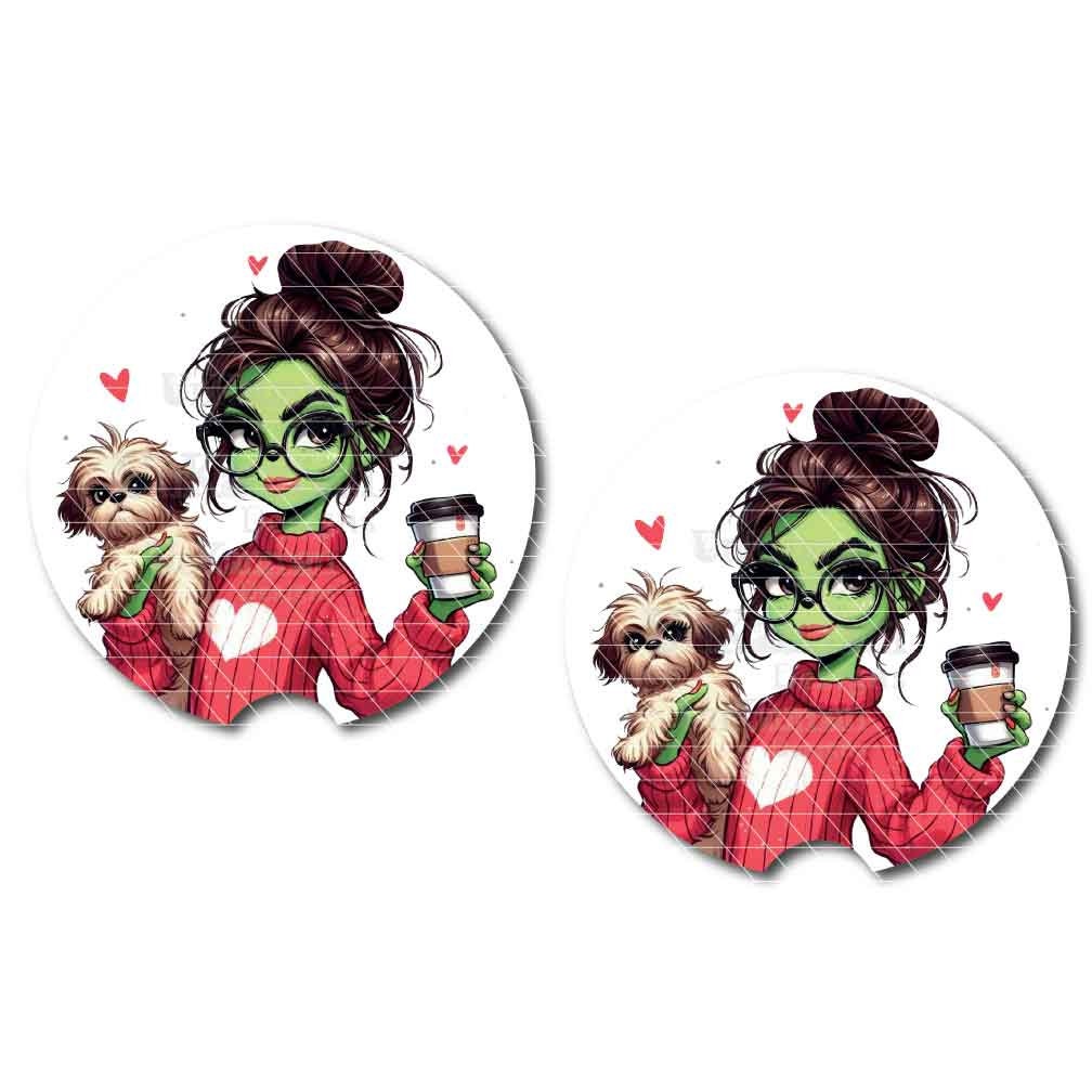 Green Girl with Coffee & Puppy Car Cup Coasters w/Optional Personalization | Set of Two