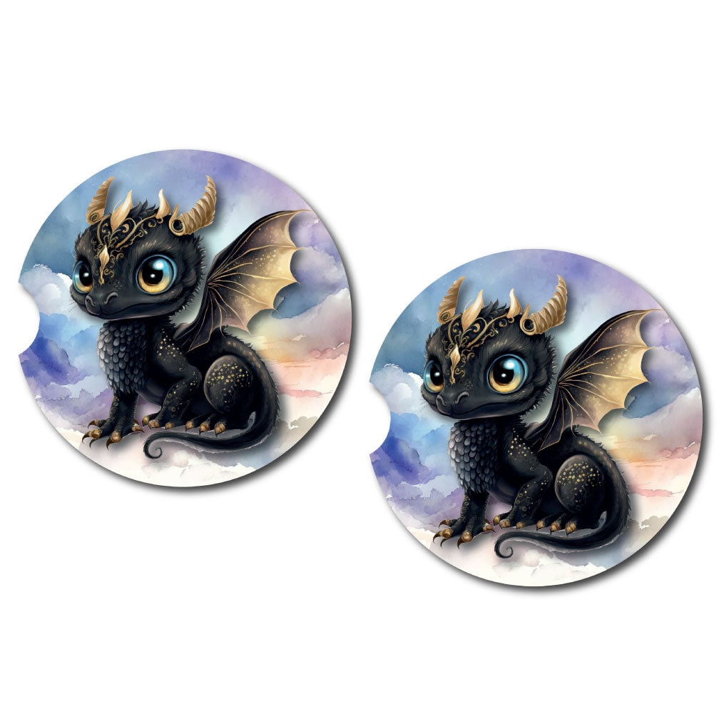 Black Baby Dragon Car Cup Coasters | Set of Two and/or Matching Key Ring