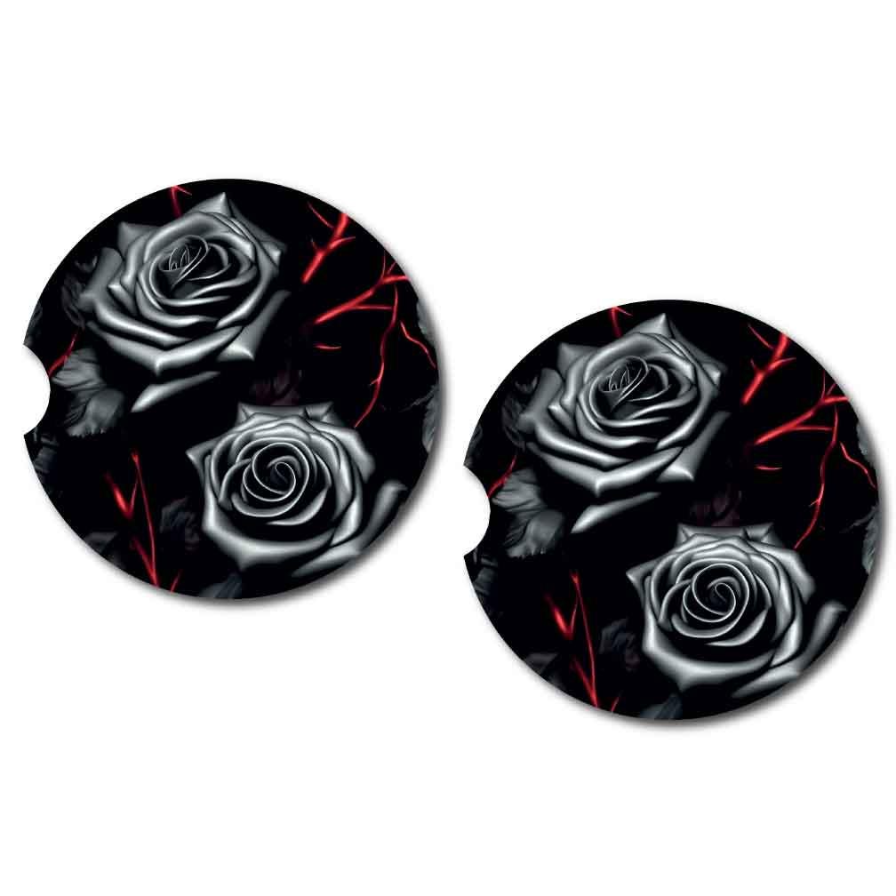 Black Rose Car Cup Coasters | Set Two and/or Matching Key Chain