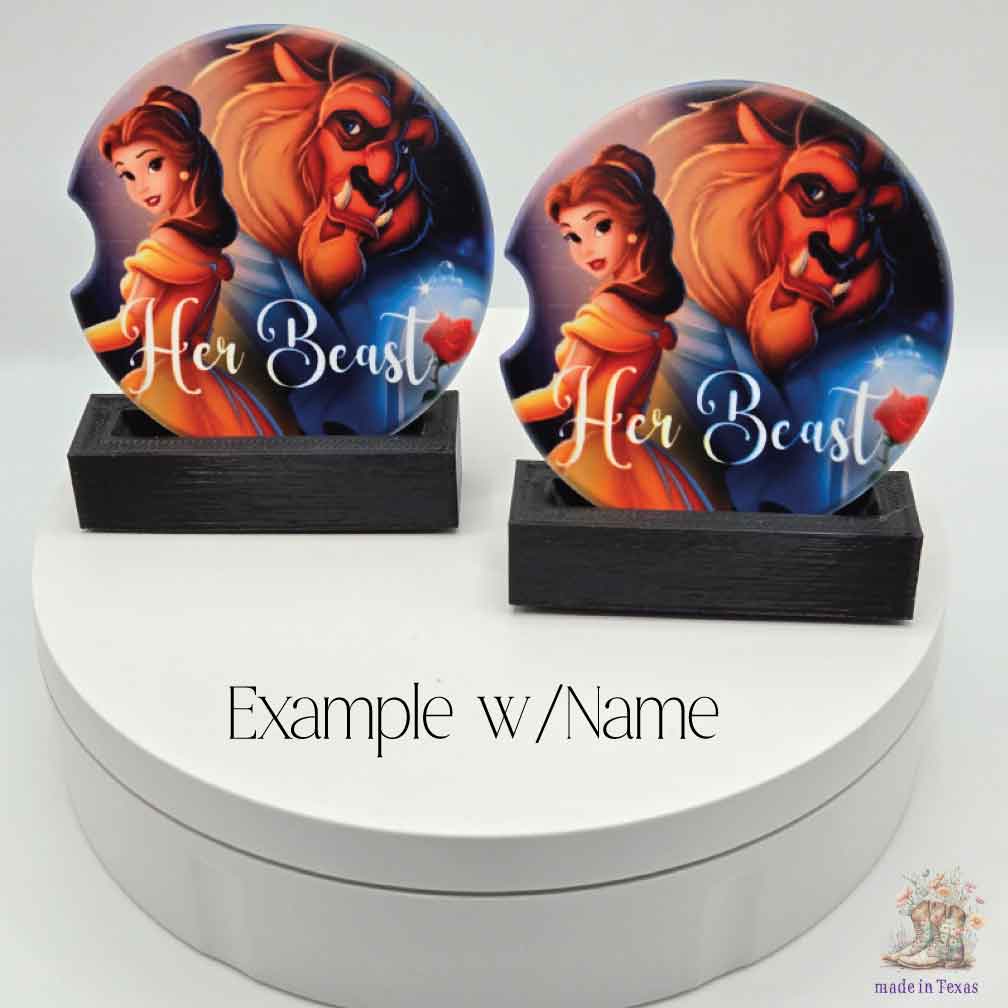 Beauty and the Beast Car Coasters with Optional Personalization | Set of Two