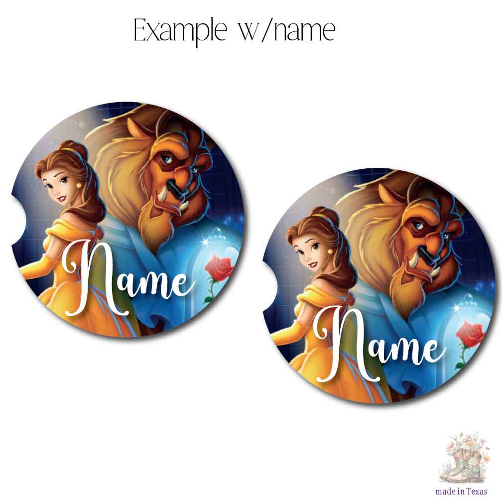 Beauty and the Beast Car Coasters with Optional Personalization | Set of Two