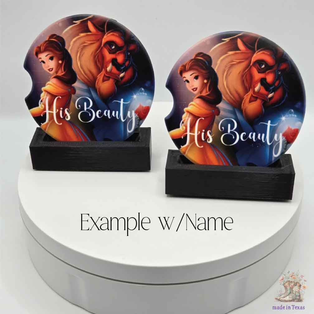 Beauty and the Beast Car Coasters with Optional Personalization | Set of Two
