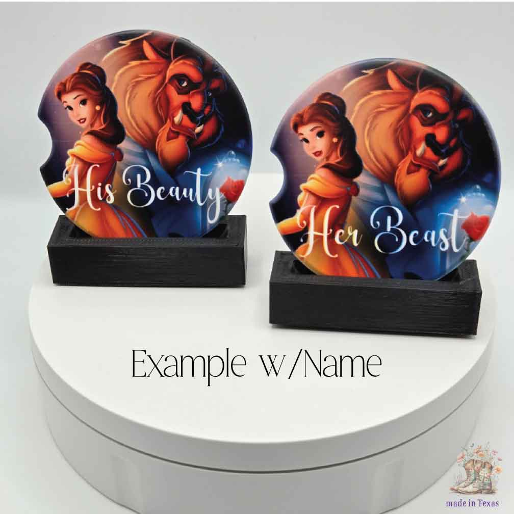 Beauty and the Beast Car Coasters with Optional Personalization | Set of Two