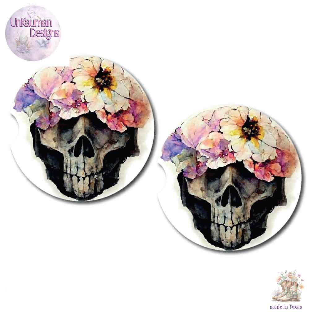 Floral Skull Car Coasters | Set of 2 Coasters | 3 Designs
