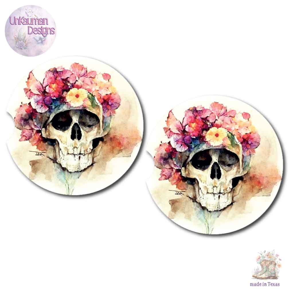 Floral Skull Car Coasters | Set of 2 Coasters | 3 Designs