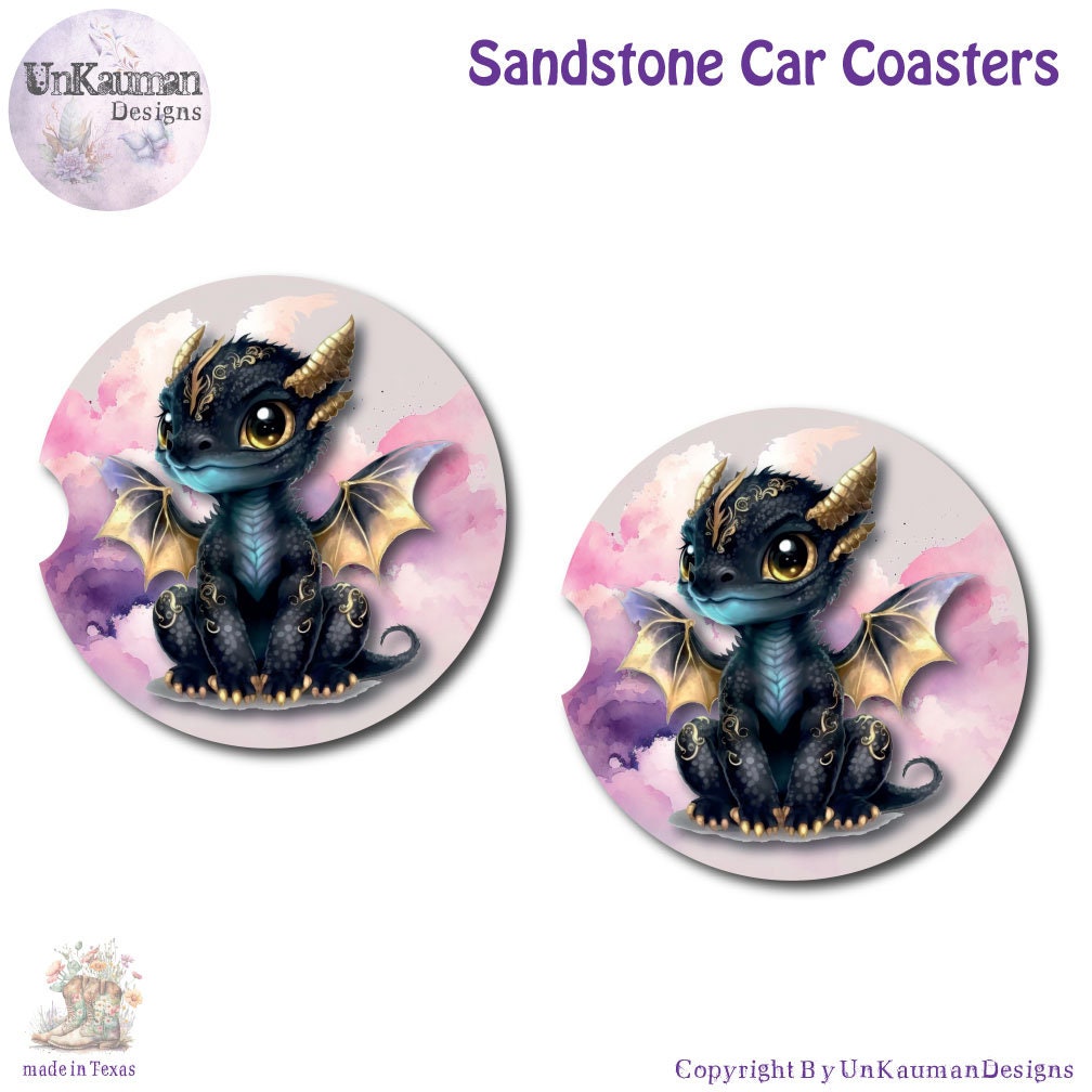 Black Baby Dragon Car Cup Coasters | Set of Two and/or Matching Key Ring