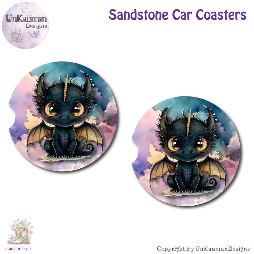 Black Baby Dragon Car Cup Coasters | Set of Two and/or Matching Key Ring