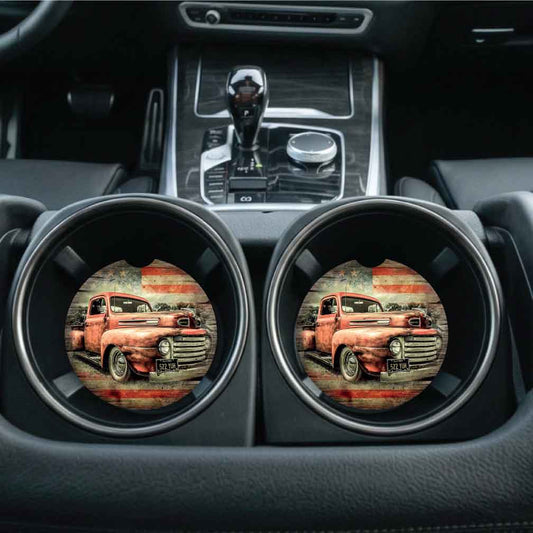 American Flag Old Truck Car Coasters | Set of 2