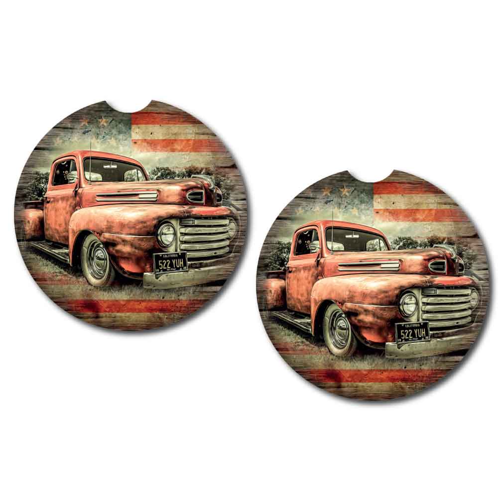 American Flag Old Truck Car Coasters | Set of 2