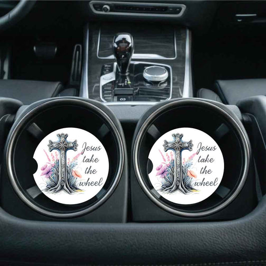 Jesus Take the Wheel Cross Car Coasters | Set of Two