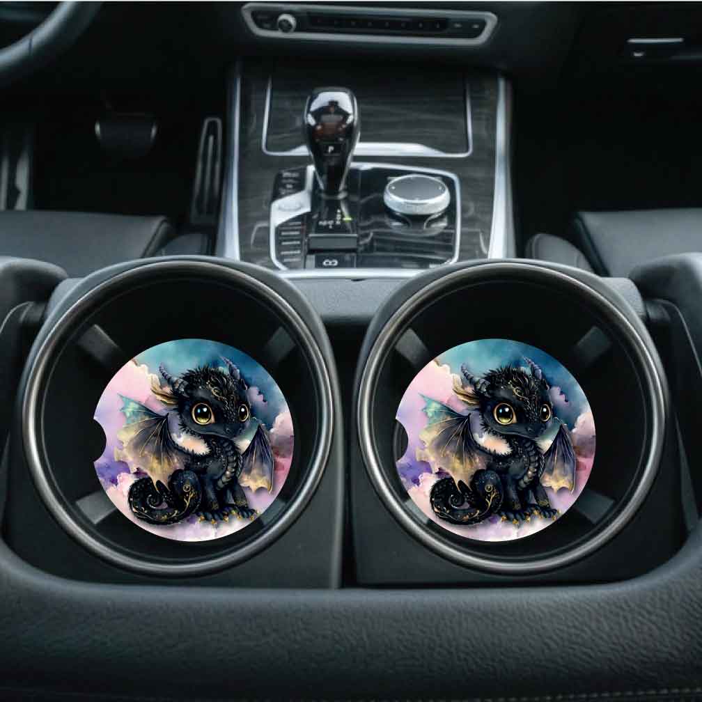 Black Baby Dragon Car Coasters (Set of Two)