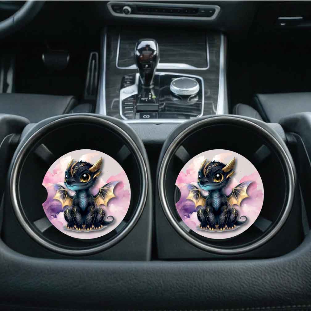 Black Baby Dragon Car Coasters (Set of Two)