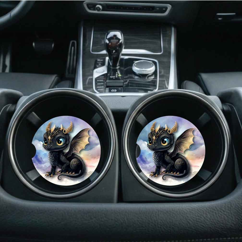 Black Baby Dragon Car Coasters (Set of Two)