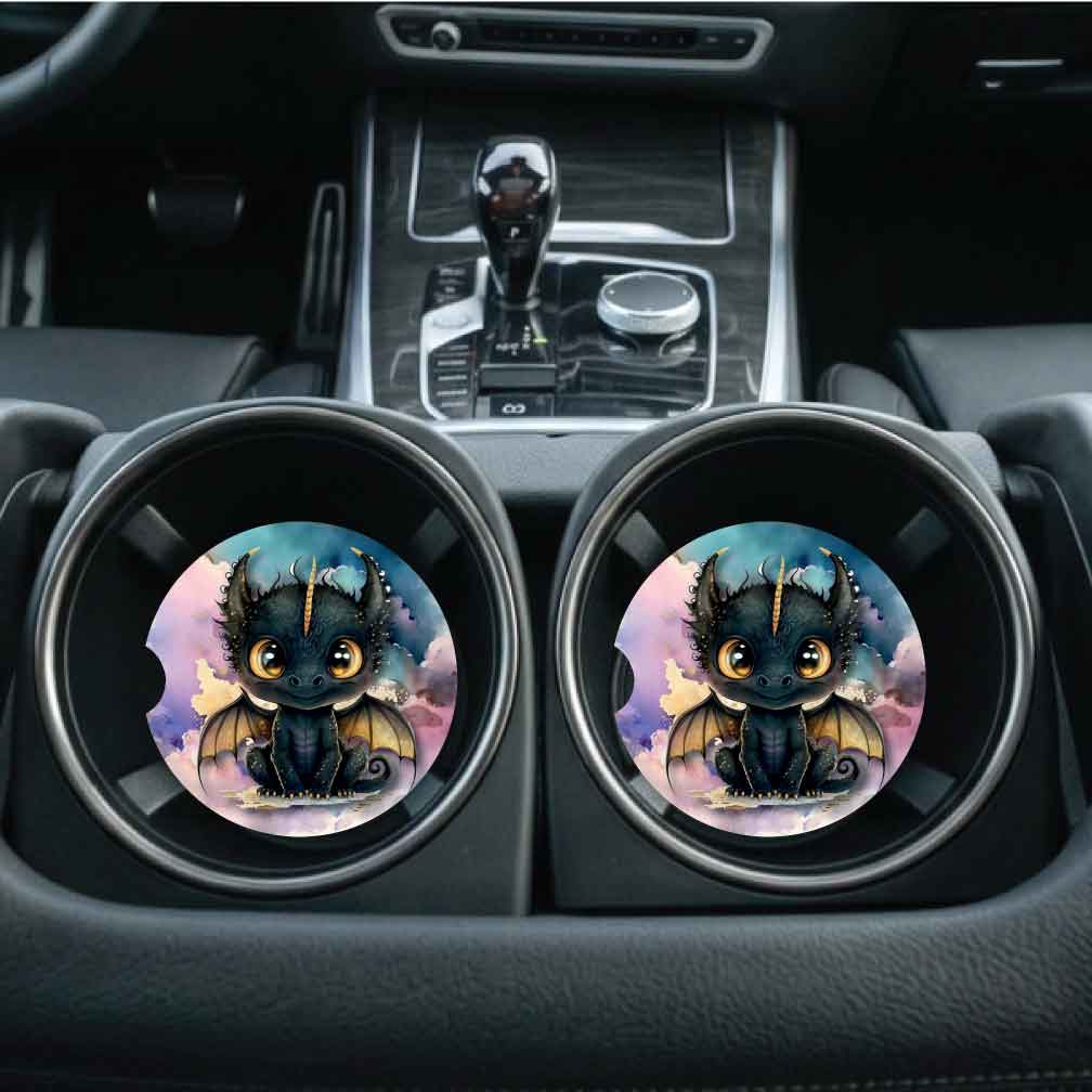 Black Baby Dragon Car Coasters (Set of Two)