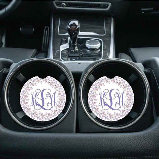 Monogram Wreath Car Coasters | Set of Two | 4 Designs