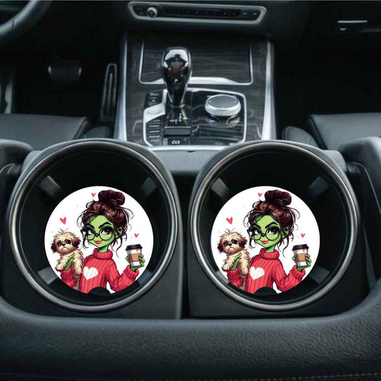 Green Girl with Coffee & Puppy Car Cup Coasters w/Optional Personalization | Set of Two